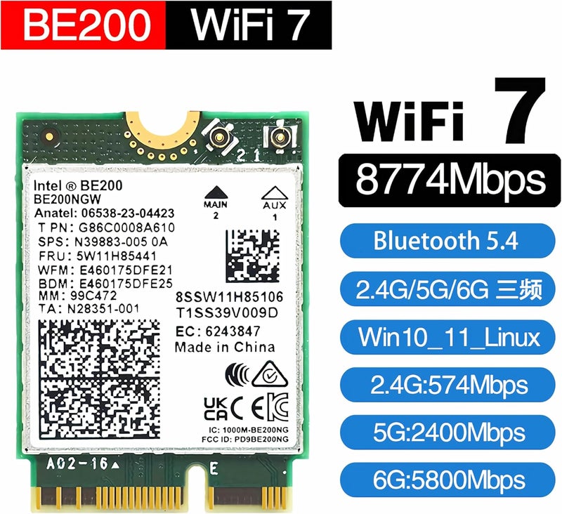 CORN WiFi 7 BE200 NGW Wireless Card, Tri-Band 6GHz/5GHz/2.4GHz M.2 NGFF Bluetooth 5.4, Includes Ipex Cable, 8dBi Antennas and Brackets Support Windows 10/11(64 bit)/Linux, Not Support AMD. (with Antennas) - Image 2